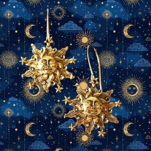 Vintage Gold Celestial Sun Face Dangle Earrings